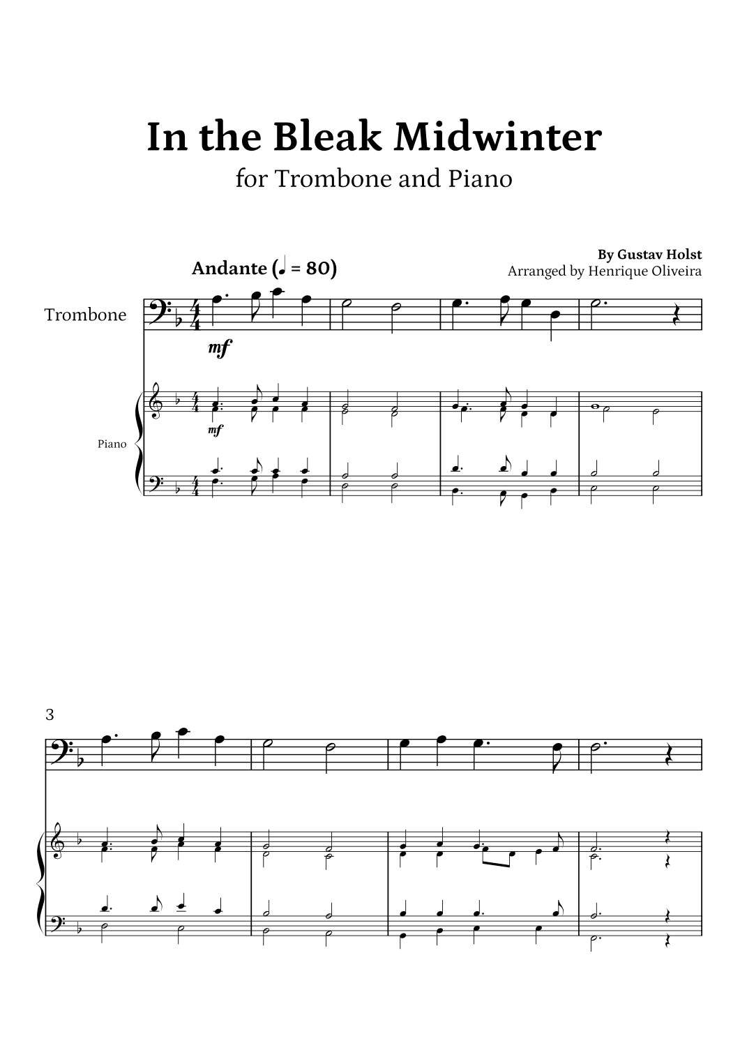 In the Bleak Midwinter (Trombone and Piano) - Beginner Level (arr. Henrique Oliveira)