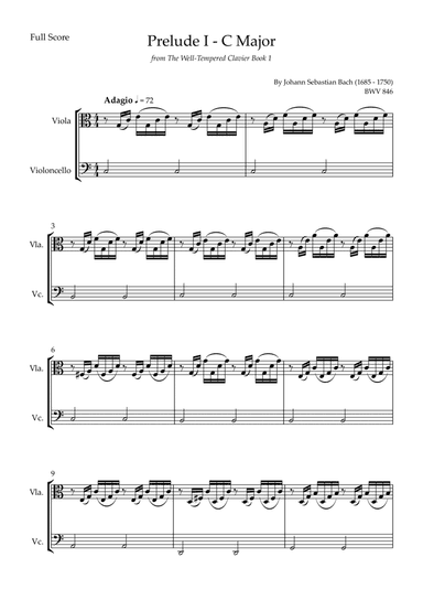Prelude 1 in C Major BWV 846 (from Well-Tempered Clavier Book 1) for Viola & Cello Duo (arr. Fabio Britto)
