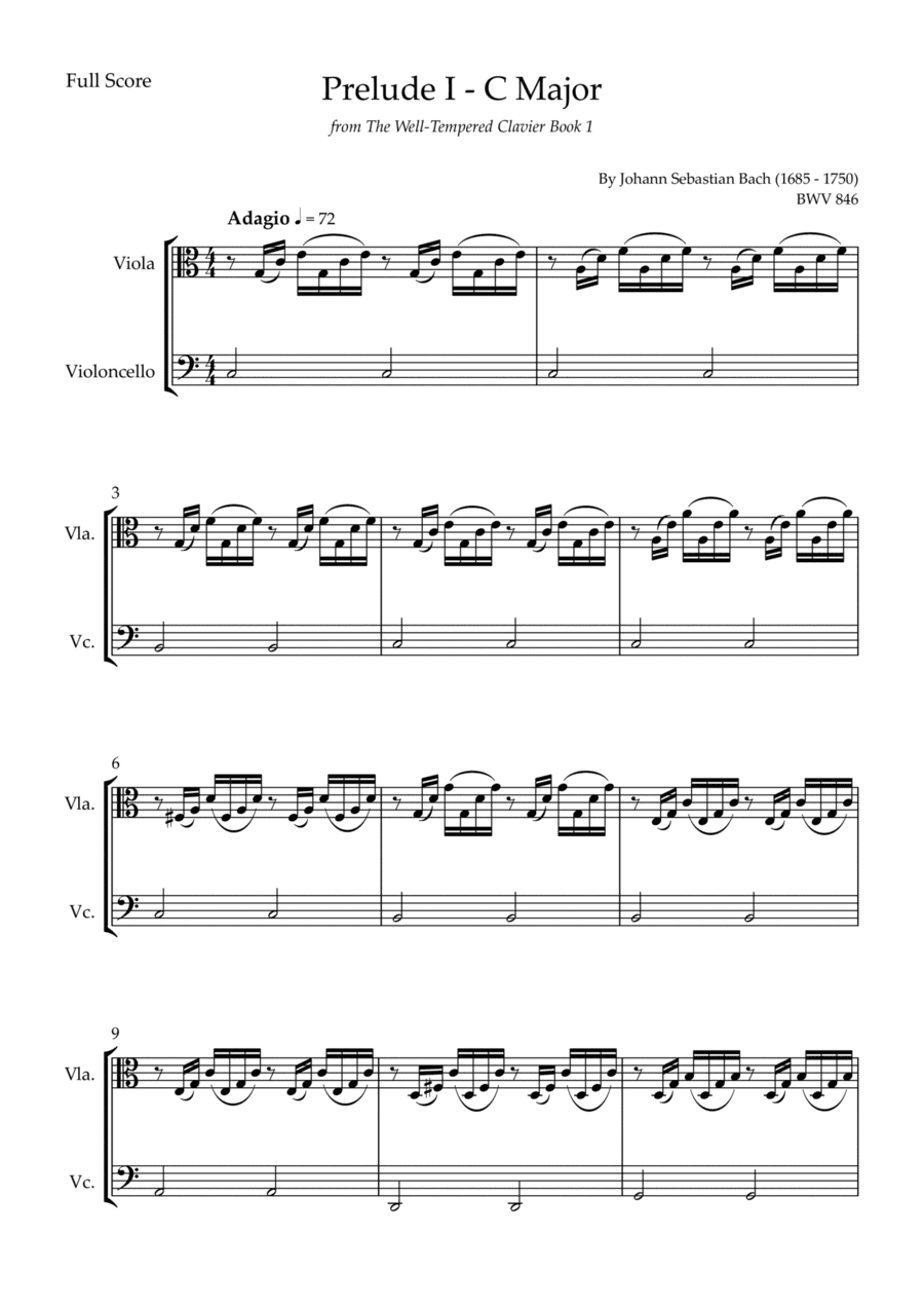 Prelude 1 in C Major BWV 846 (from Well-Tempered Clavier Book 1) for Viola & Cello Duo (arr. Fabio Britto)