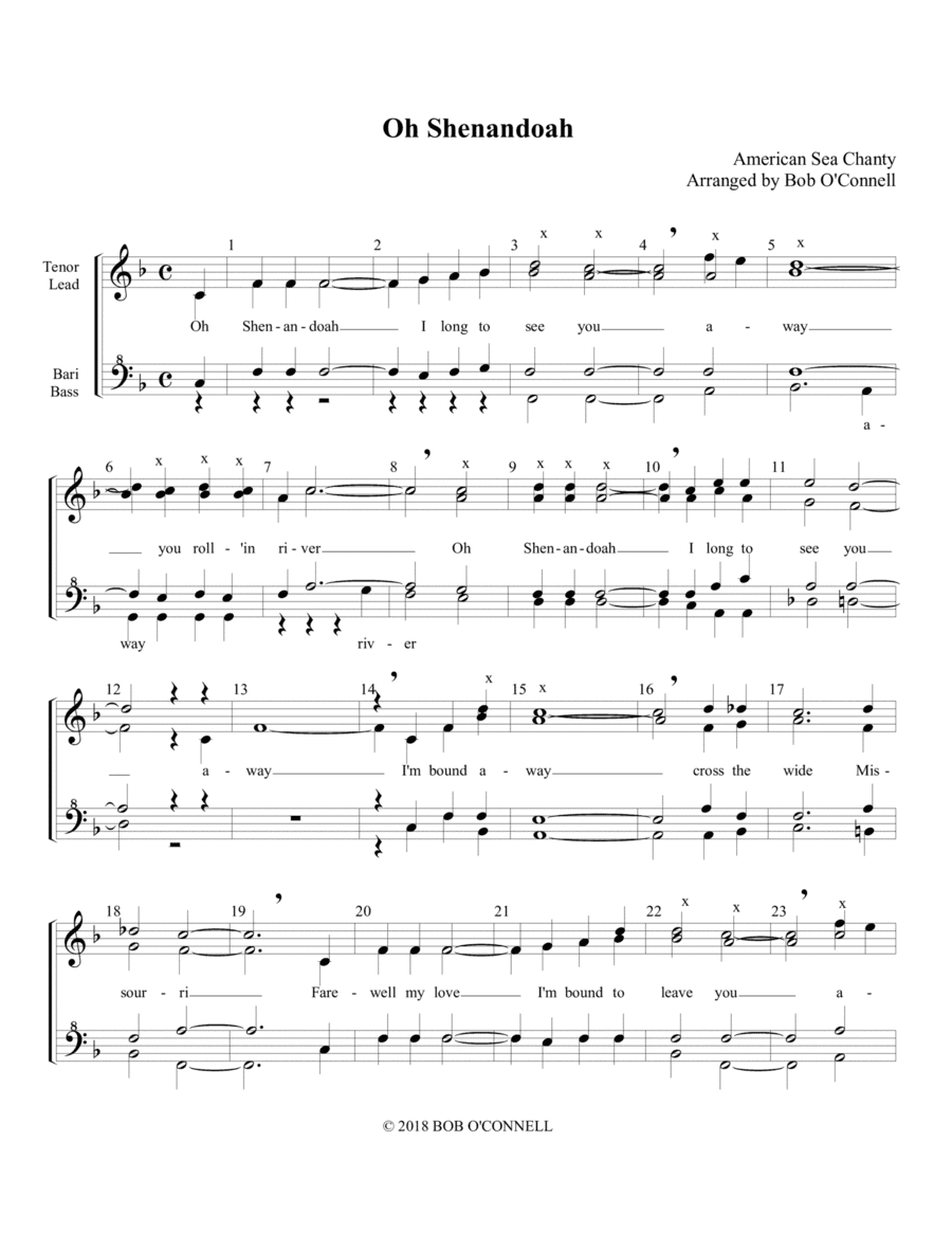 Oh Shenandoah ( men's BBS arrangement ) TTBB (arr. Bob O'Connell)