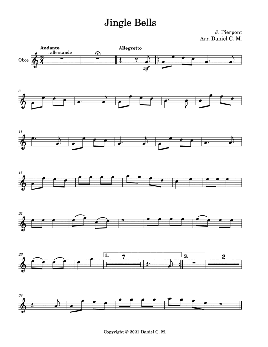Jingle Bells for oboe and piano (easy) (arr. Daniel C. M.)