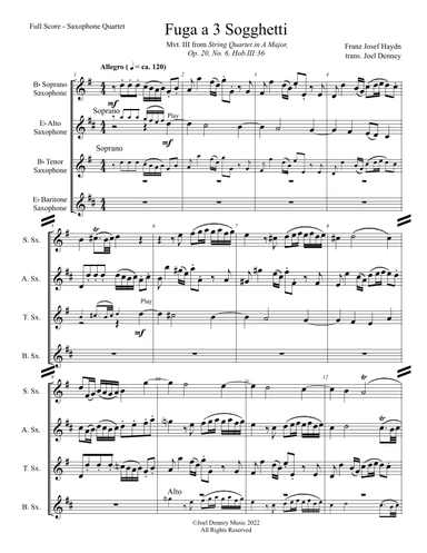 Sax Quartet (SATB): Haydn arr. Denney, "Fugue on 3 Subjects" (Mvt. IV, String Quartet Op. 20, No. 6) (arr. Joel Denney)