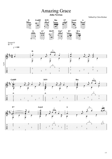 Amazing Grace, How Sweet the Sound (Solo Fingerstyle Guitar Tab) (arr. Chris Richter)