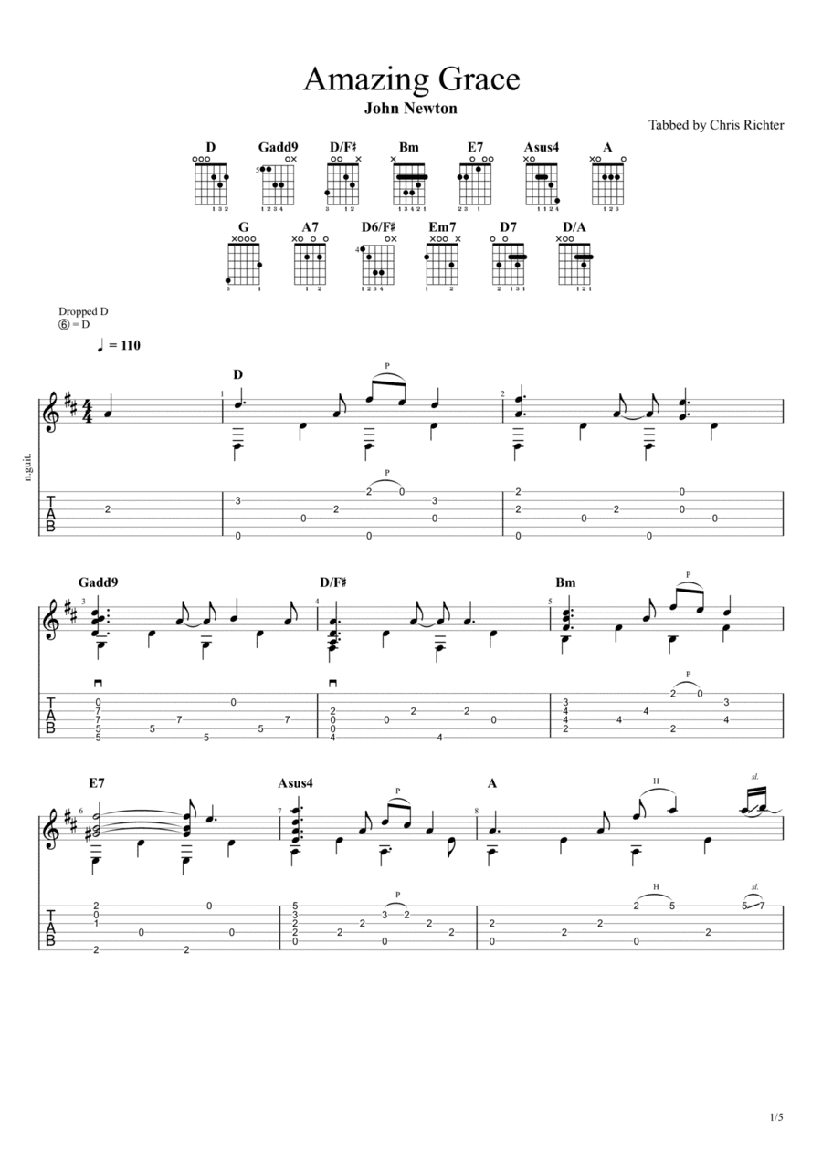 Amazing Grace, How Sweet the Sound (Solo Fingerstyle Guitar Tab) (arr. Chris Richter)