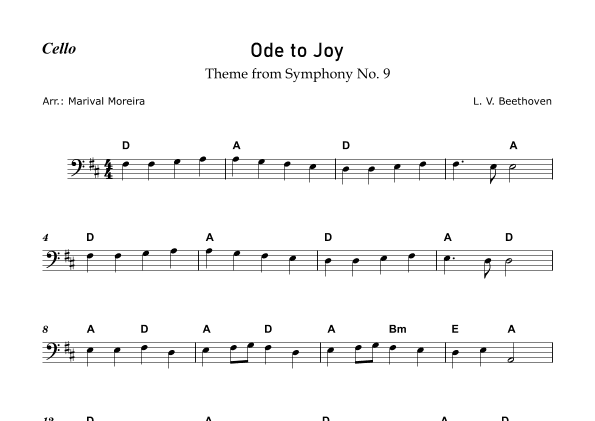 Ode to Joy - Beethoven (Cello Solo) - Score and Chords (arr. Marival Moreira)