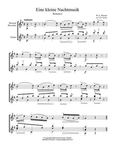 Romance from Eine kleine Nachtmusik descant recorder and guitar (arr. K. Krantz)