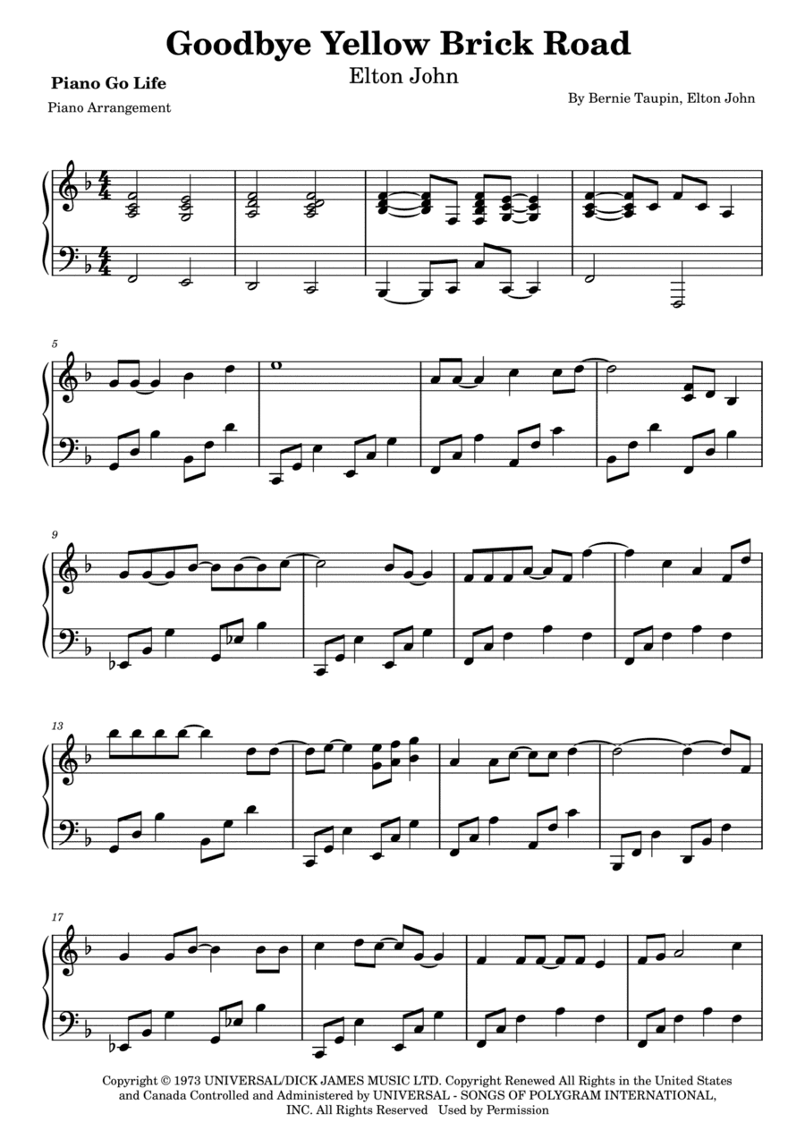 Goodbye Yellow Brick Road (arr. Piano Go Life)