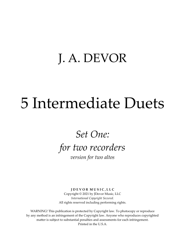 5 Intermediate Duets for two recorders: Set One (arr. J. A. Devor)