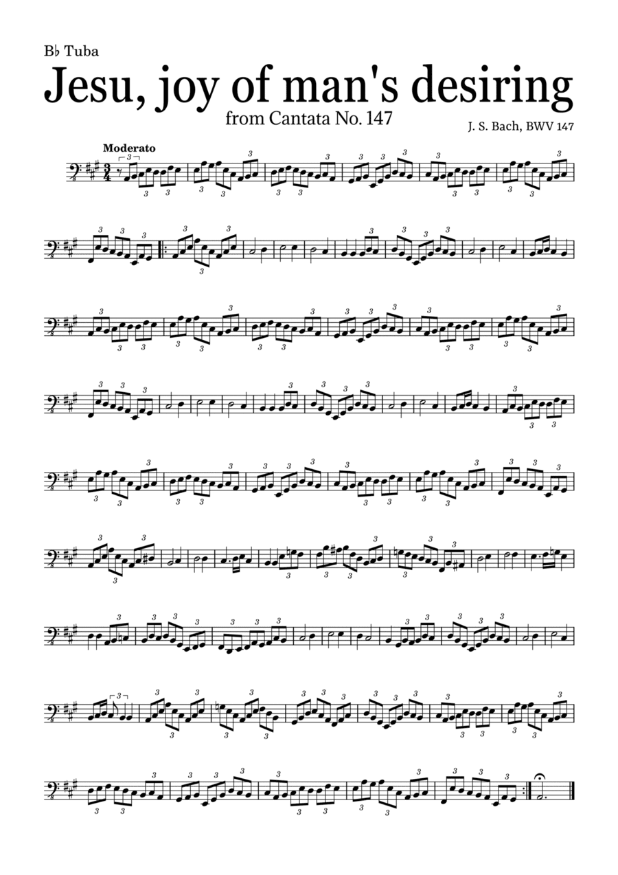 JESU, JOY OF MAN'S DESIRING by Bach - easy version for B? Tuba and piano with chords (arr. Leyandder Trustworthy)