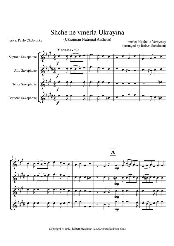 Shche ne vmerla Ukrayina (Ukrainian National Anthem) -  SAXOPHONE QUARTET - Score & Parts inc. (arr. Robert Steadman)