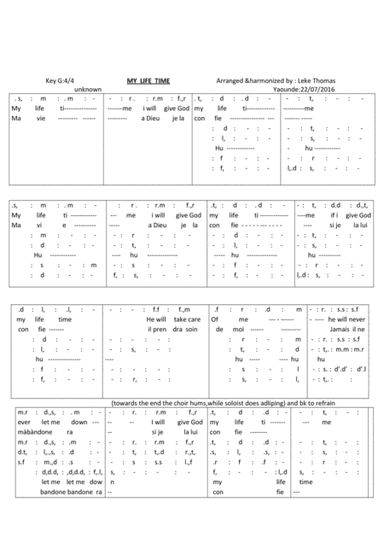 My life time (arr. arranged and re-harmonised by Leke Thomas)