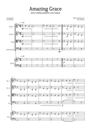"Amazing Grace" - Beautiful EASY version for STRING QUARTET and PIANO. (arr. Iury Cardoso)