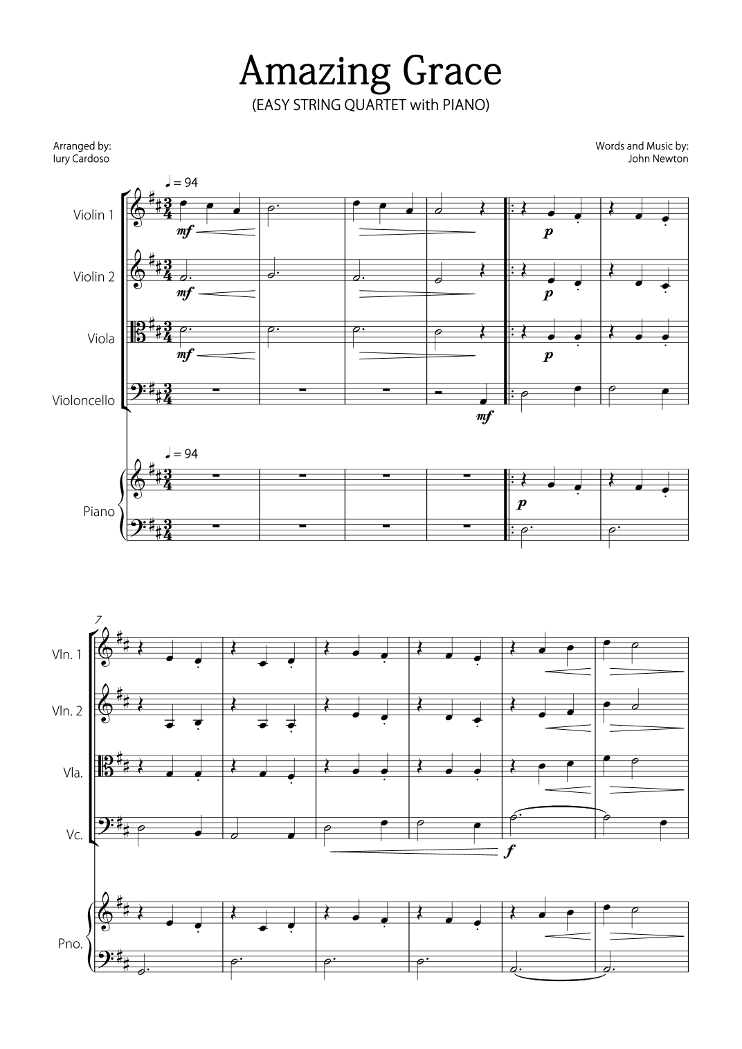 "Amazing Grace" - Beautiful EASY version for STRING QUARTET and PIANO. (arr. Iury Cardoso)