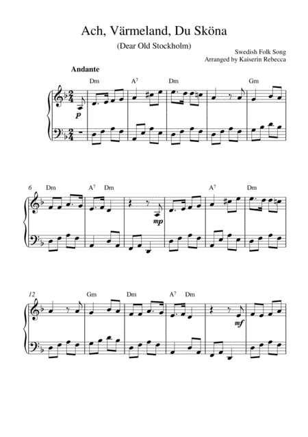 Ach, Värmeland, Du Sköna (Dear Old Stockholm) (piano solo with chords) (arr. Kaiserin Rebecca)
