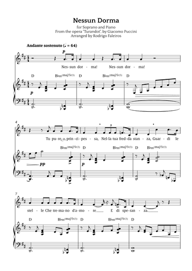 Nessun Dorma (for soprano and piano) (arr. Rodrigo Faleiros)