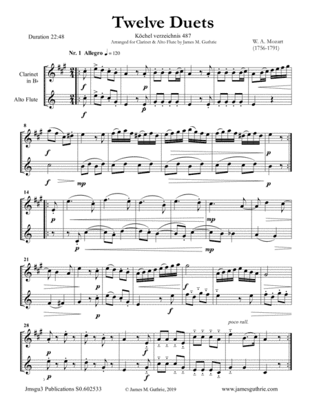 Mozart: Twelve Duets K. 487 for Clarinet & Alto Flute (arr. James M. Guthrie, ASCAP)