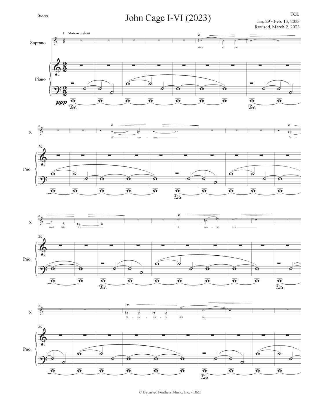 John Cage I-VI (2023) piano-vocal score