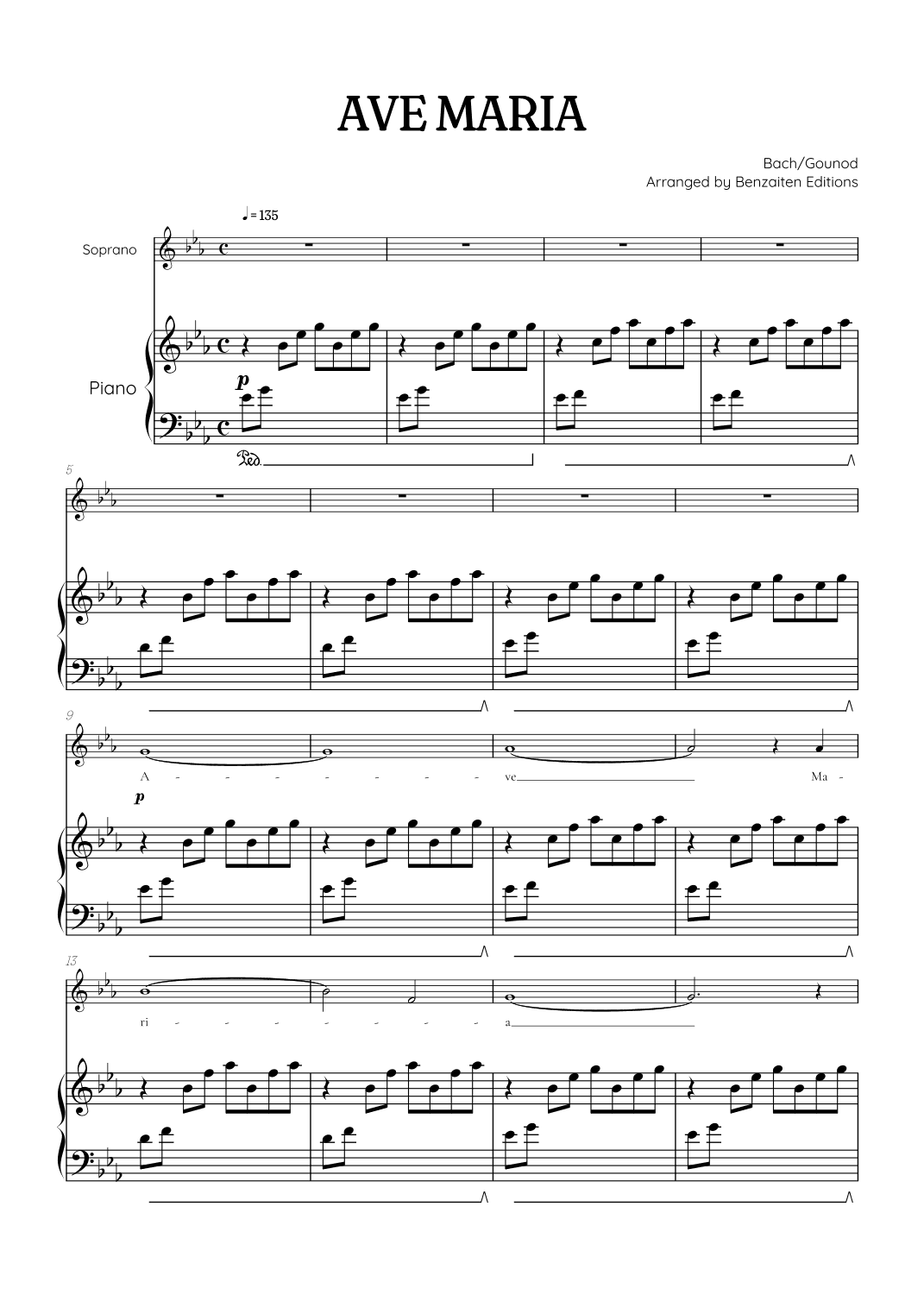 Bach / Gounod Ave Maria in E flat major [Eb] • soprano sheet music with piano accompaniment (arr. Benzaiten Editions)