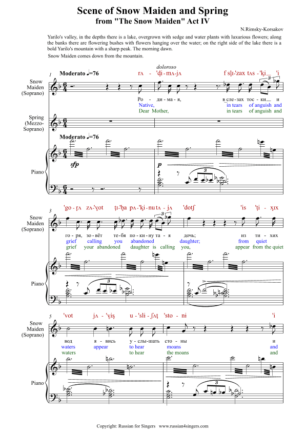 "Snowmaiden": Scene of Snow Maiden and Spring Act 4 DICTION SCORE w IPA & translation (arr. Russian for Singers)