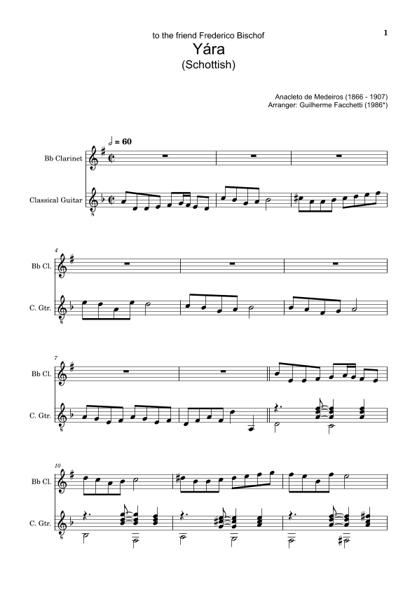 Anacleto de Medeiros - Yára. Arrangement for Bb Clarinet and Classical Guitar. Score and Parts (arr. Guilherme Facchetti)