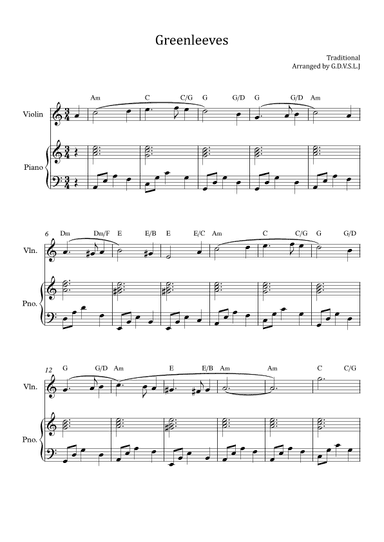 Greensleeves - Violin + Piano Accompaniment (arr. G.D.V.S.L.J)