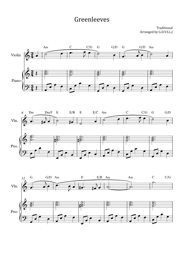 Greensleeves - Violin + Piano Accompaniment (arr. G.D.V.S.L.J)