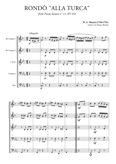 Rondò alla Turca (Turkish March) for Brass Quintet (arr. Diego Marani)
