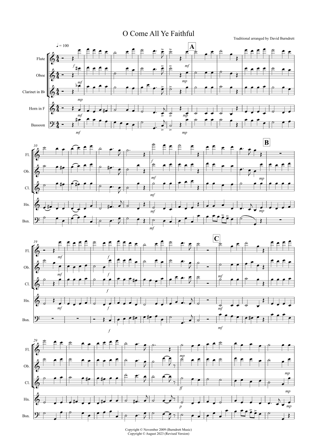 O Come all ye Faithful for Wind Quintet (arr. David Burndrett)