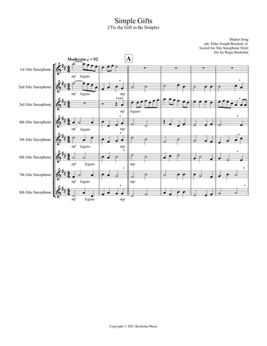 Simple Gifts ('Tis the Gift to Be Simple) (F) (Alto Saxophone Octet) (arr. Regis Bookshar)