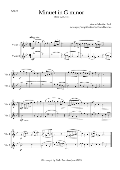 Minuet in G minor BWV anh 115 (Bach) 2 Violins (arr. Cadu Barcelos)