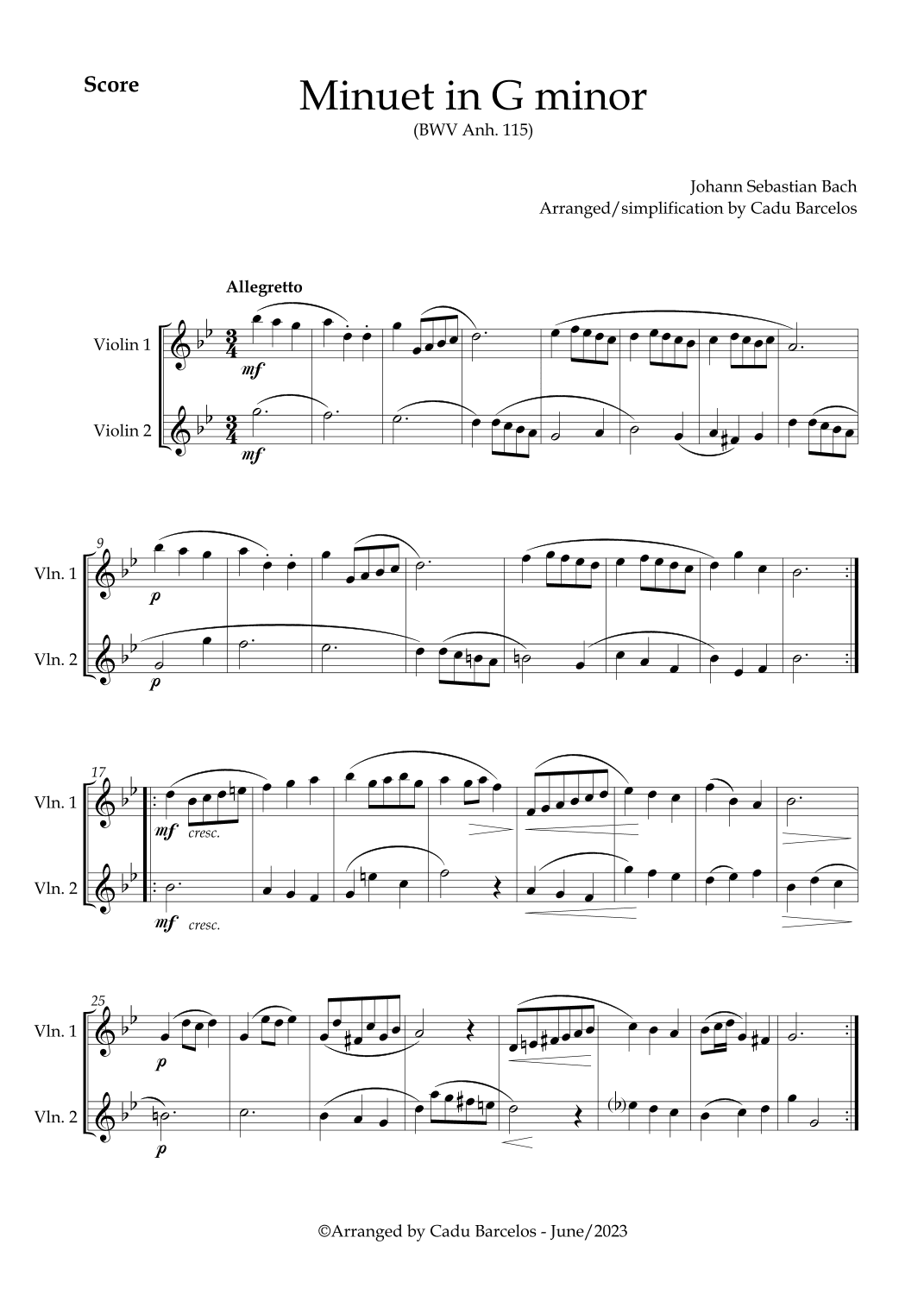 Minuet in G minor BWV anh 115 (Bach) 2 Violins (arr. Cadu Barcelos)
