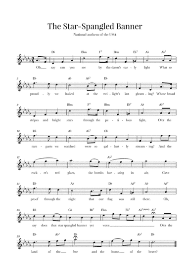 The Star Spangled Banner (National Anthem of the USA) - with lyrics - D-flat Major (arr. Cadenza Editions)