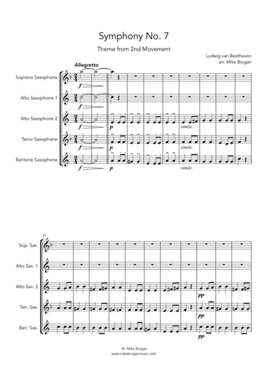 Beethoven 7th Symphony, 2nd Mvt. - for SAATB saxophone quintet (arr. Mike Brogan)