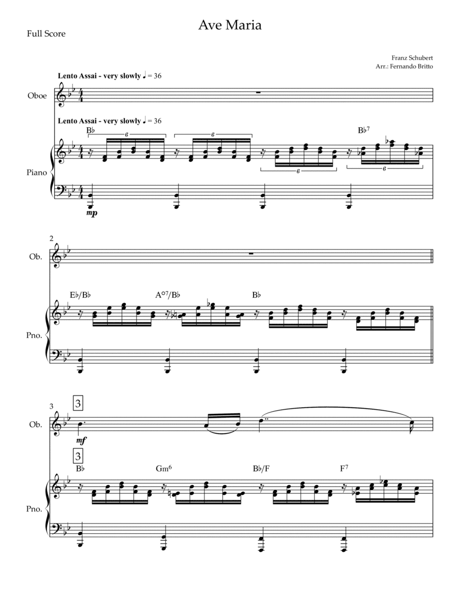 Ave Maria (Franz Schubert) for Oboe Solo and Piano with Chords (arr. Fernando Britto)