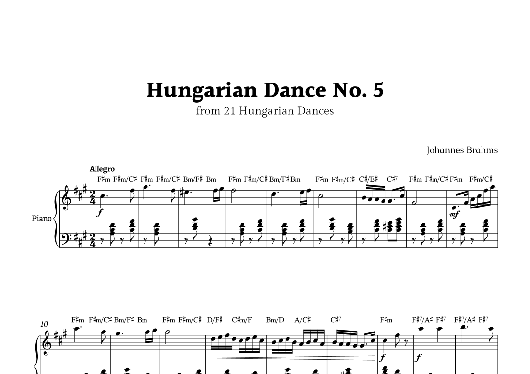 Hungarian Dance No. 5 by Brahms for Piano with Chords (arr. Rika K.)