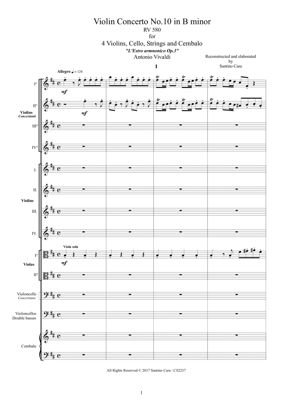 Vivaldi - Violin Concerto No.10 in B minor RV 580 Op.3 for 4 Violins, Cello, Strings and Cembalo (arr. Santino Cara)