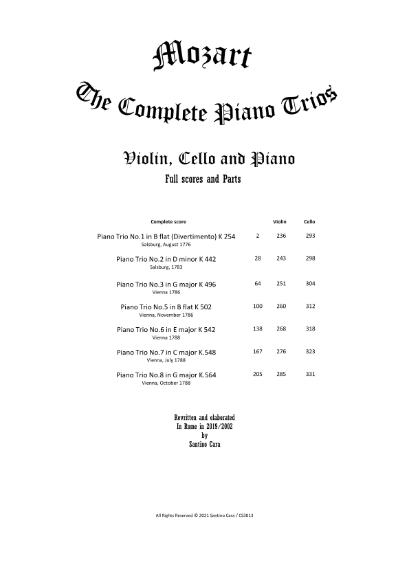 Mozart - Complete Piano Trios for Violin, Cello and Piano - Full Scores and Parts (arr. Santino Cara)