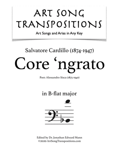 CARDILLO: Core 'ngrato (transposed to B-flat major, bass clef) (arr. ArtSongTranspositions.com)