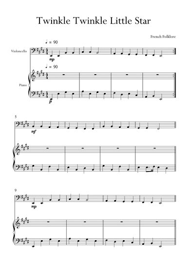 Twinkle Twinkle Little Star for Cello (Violoncello) and Piano in E Major. Very Easy. (arr. Matheus Araújo)
