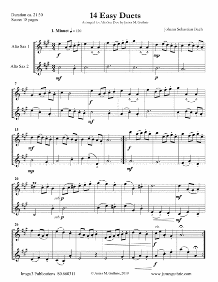 Bach: 14 Easy Duets for Alto Sax Duo (arr. James M. Guthrie, ASCAP)
