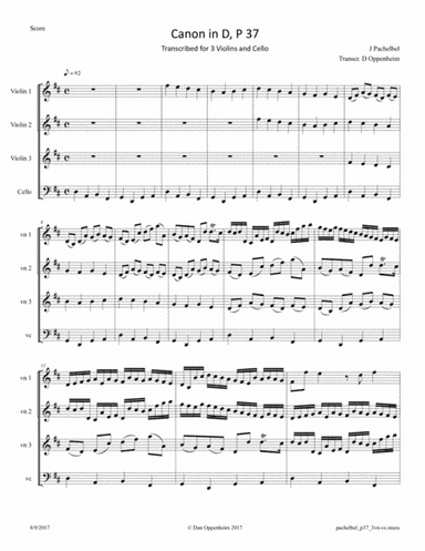 Pachelbel: Canon in D Major transcribed for 3 Violins and Cello (arr. D Oppenheim)