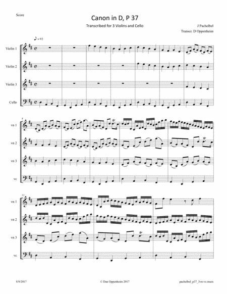 Pachelbel: Canon in D Major transcribed for 3 Violins and Cello (arr. D Oppenheim)