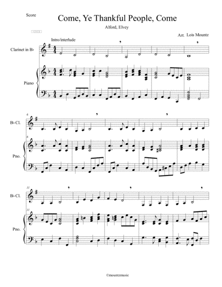 Come Ye Thankful People, Come for B flat Clarinet w piano (arr. Lois Mountz)