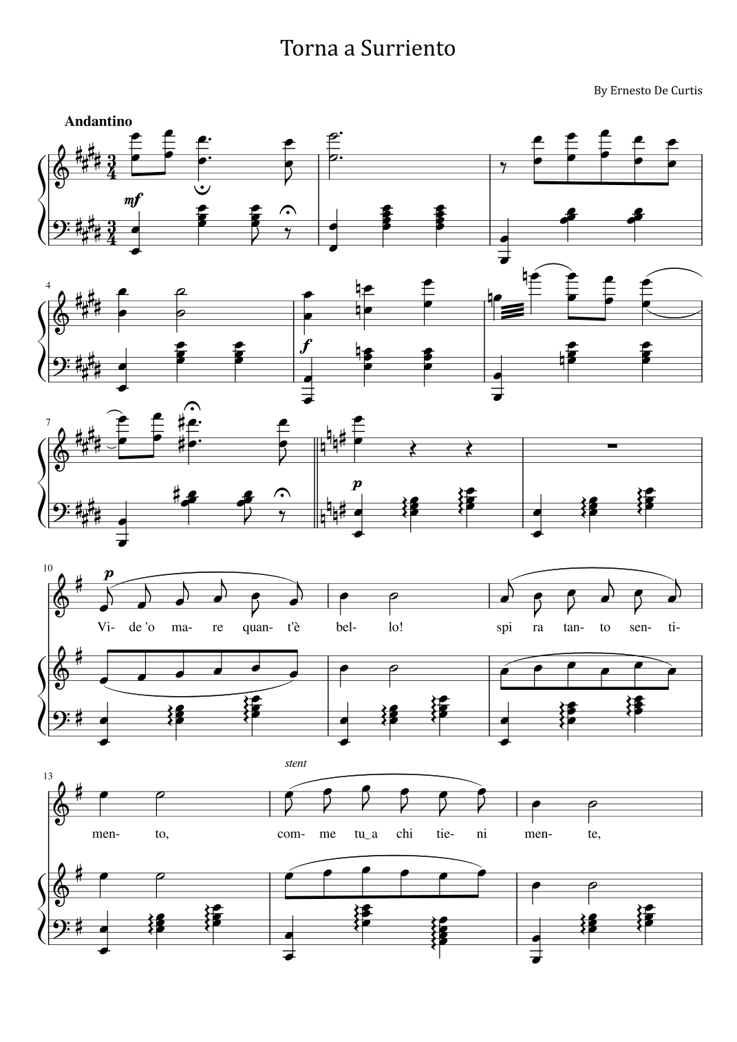 Curtis - Torna a Surriento - For Piano and Voice With Lyrics Original (arr. poon)