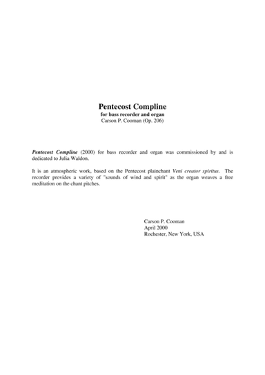 Carson Cooman: Pentecost Compline (2000) for bass recorder and organ