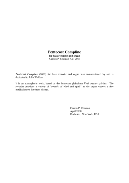 Carson Cooman: Pentecost Compline (2000) for bass recorder and organ