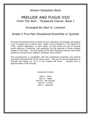 Prelude and Fugue XXII (Woodwind Quintet) (arr. Glen D. Lienhart)