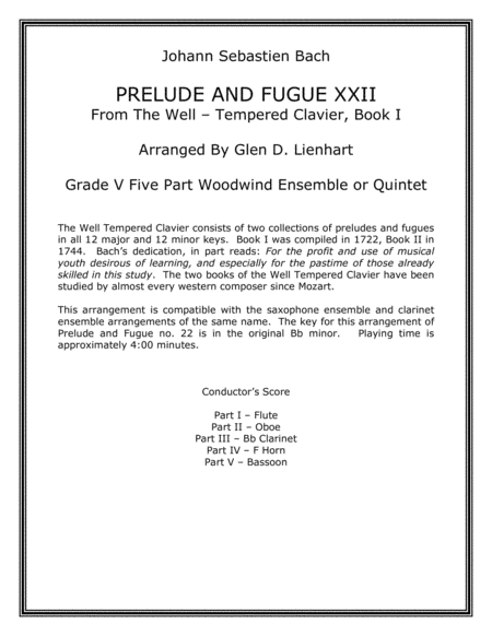 Prelude and Fugue XXII (Woodwind Quintet) (arr. Glen D. Lienhart)