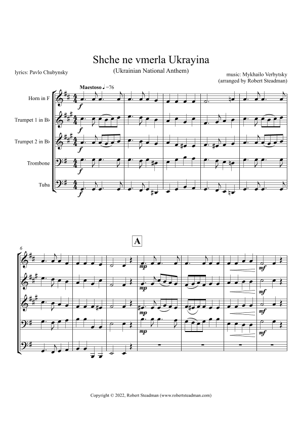 Shche ne vmerla Ukrayina (Ukrainian National Anthem) -  BRASS QUINTET - Score & Parts inc. (arr. Robert Steadman)