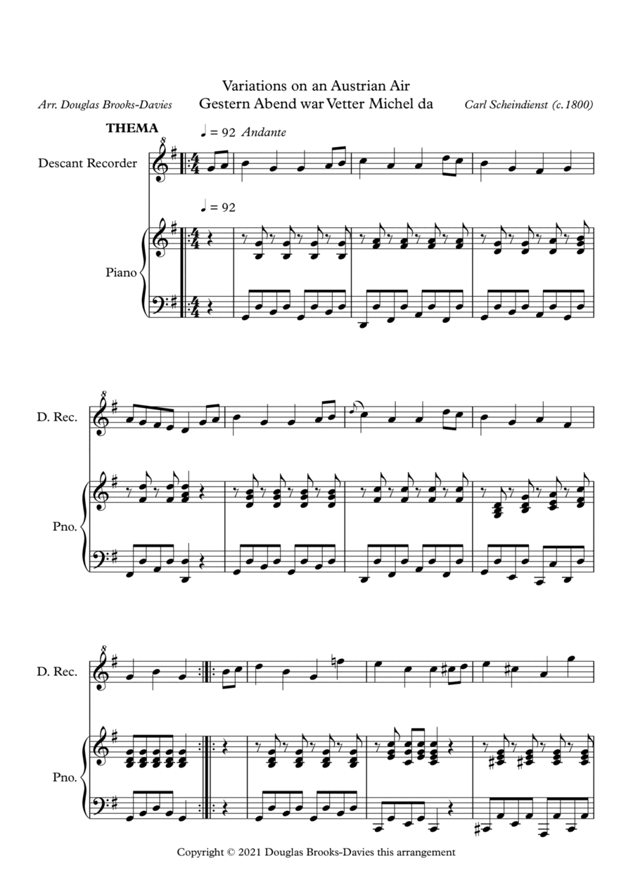 Scheindienst, Carl: Variations on Gestern Abend war Vetter Miche da for Soprano recorder (arr. Douglas Brooks-Davies)